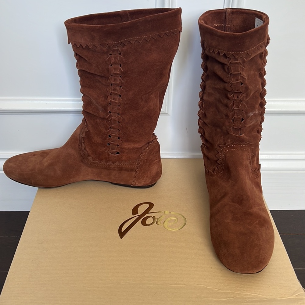 Joie woven suede cognac boots in box. Size 39 EUC Retail $425